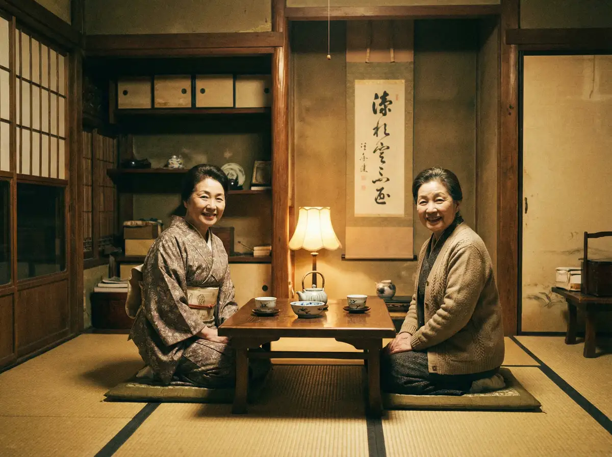 两位优雅的 果冻传媒视频 在日式茶室中品茶交谈